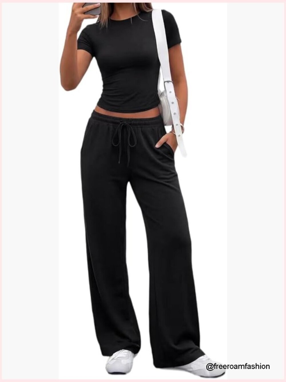 Women's 2 Piece Lounge Set: Fitted Tee & Wide Leg Pants with Pockets